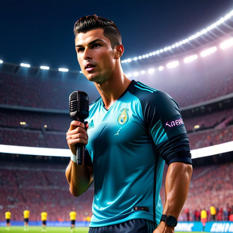  Cristiano Ronaldo holding a microphone,(cartoon style), singing, dressed in modern rock cloth. The background is a dynamic stadium filled with colorful lights and cheering fans, creating an electric atmosphere. His presence exudes charisma and athleticism as he prepares for a powerful performance on the field, ready to captivate the audience with his skills and determination. hyperrealistic, full body, detailed clothing, highly detailed, cinematic lighting, stunningly beautiful, intricate, sharp focus, f/1. 8, 85mm, (centered image composition), (professionally color graded), ((bright soft diffused light)), volumetric fog, trending on instagram, trending on tumblr, HDR 4K, 8K