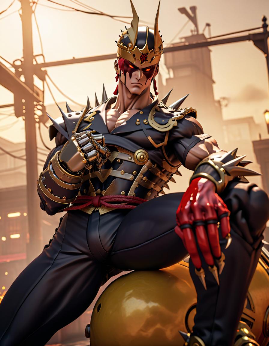  Street Fighter style robot, JoJo's Bizarre Adventure, heroic pose, Warhammer, helmet, spikes, blood, gloomy, black red, black, metal, Cannibal Corpse, bones, demon . vibrant, dynamic, arcade, 2D fighting game, highly detailed, reminiscent of Street Fighter series hyperrealistic, full body, detailed clothing, highly detailed, cinematic lighting, stunningly beautiful, intricate, sharp focus, f/1. 8, 85mm, (centered image composition), (professionally color graded), ((bright soft diffused light)), volumetric fog, trending on instagram, trending on tumblr, HDR 4K, 8K