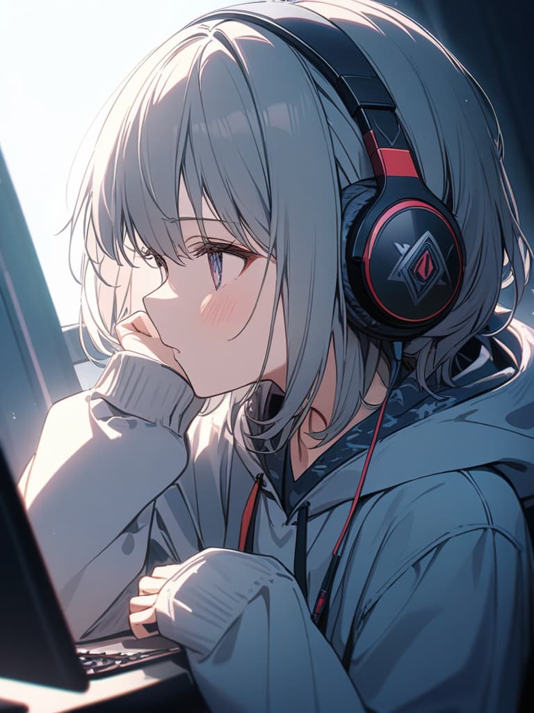  Cute, , short hair, hoodie, headphones, gamers, , masterpiece, best quality,8k,ultra detailed,high resolution,an extremely delicate and beautiful,hyper detail