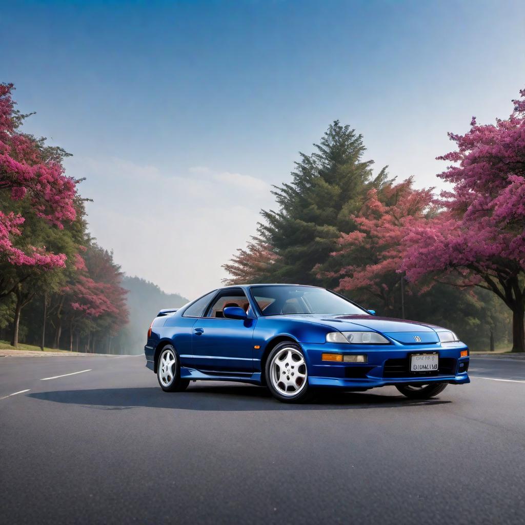  1996 Honda Prelude Si in blue color, parked on a road. The car should showcase its sporty design elements, including its sleek front grille, distinctive alloy wheels, and characteristic mid-90s coupe body lines. The background should be simple to keep the focus on the car. hyperrealistic, full body, detailed clothing, highly detailed, cinematic lighting, stunningly beautiful, intricate, sharp focus, f/1. 8, 85mm, (centered image composition), (professionally color graded), ((bright soft diffused light)), volumetric fog, trending on instagram, trending on tumblr, HDR 4K, 8K