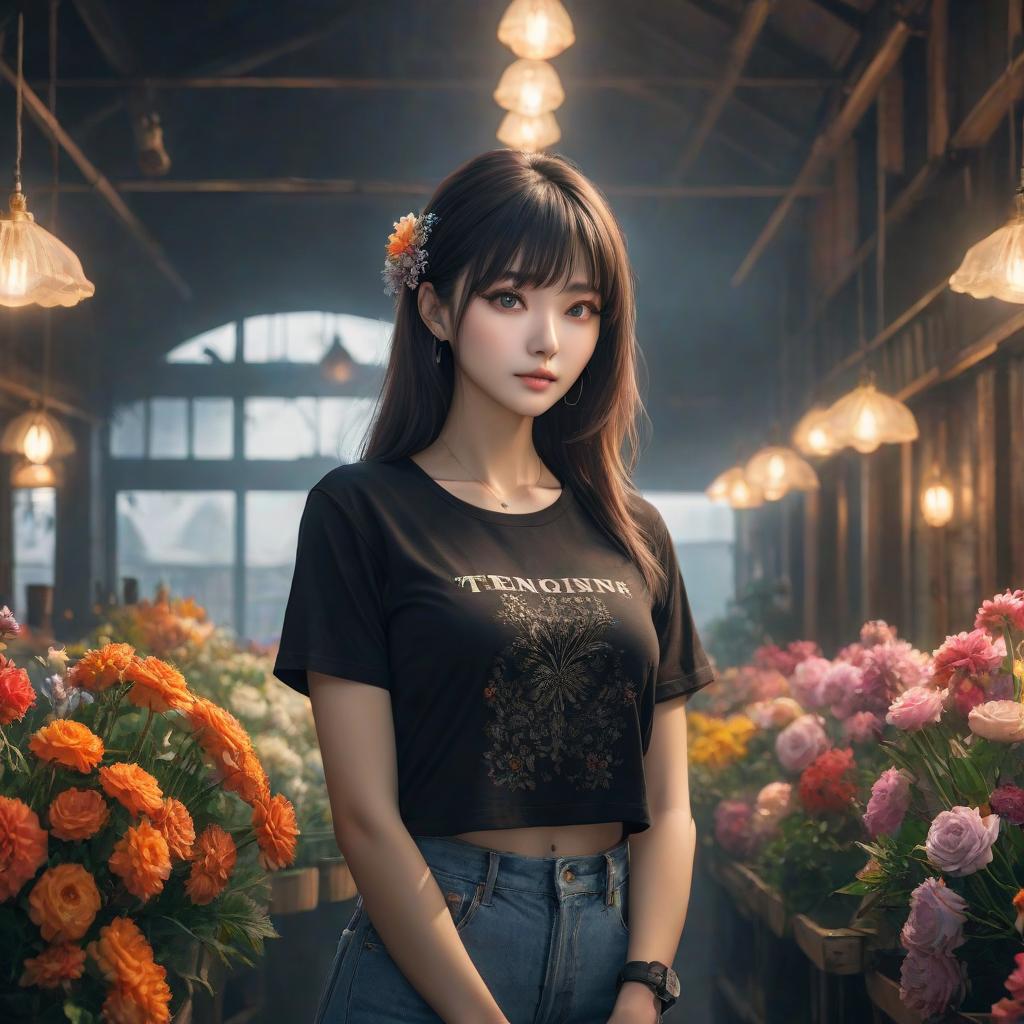  a woman, with flowers in her hands, stands tall, in the background, in a black T shirt hyperrealistic, full body, detailed clothing, highly detailed, cinematic lighting, stunningly beautiful, intricate, sharp focus, f/1. 8, 85mm, (centered image composition), (professionally color graded), ((bright soft diffused light)), volumetric fog, trending on instagram, trending on tumblr, HDR 4K, 8K