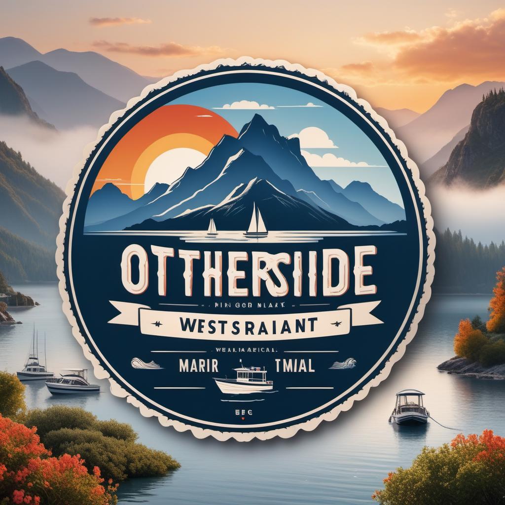  Logo for a restaurant named 'The Otherside at Westport Marina' specializing in BBQ and home-cooked meals, with a design similar to the image provided. The logo should include elements like a lake, sunset, and boats, and have a fun, inviting style. It should use warm and welcoming colors, focusing on blues and oranges to reflect the sunset and water themes. The text should be playful yet readable. hyperrealistic, full body, detailed clothing, highly detailed, cinematic lighting, stunningly beautiful, intricate, sharp focus, f/1. 8, 85mm, (centered image composition), (professionally color graded), ((bright soft diffused light)), volumetric fog, trending on instagram, trending on tumblr, HDR 4K, 8K