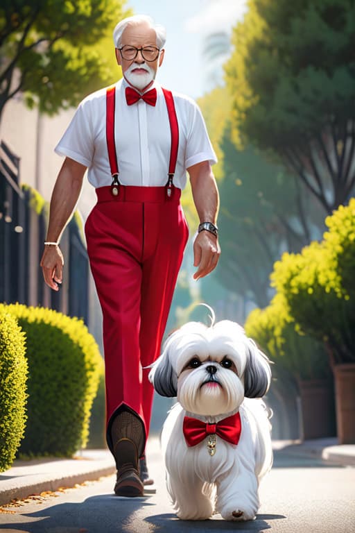  Old man wearing suspenders and a red bow tie walking his adorable white Shih Tzu with drooping black ears down the sidewalk of an affluent suburban neighborhood. Main colors are white black and red. Show old man wearing suspenders and a red bow tie walking his adorable Shih Tzu. The dog is white with drooping black ears and a red collar hyperrealistic, full body, detailed clothing, highly detailed, cinematic lighting, stunningly beautiful, intricate, sharp focus, f/1. 8, 85mm, (centered image composition), (professionally color graded), ((bright soft diffused light)), volumetric fog, trending on instagram, trending on tumblr, HDR 4K, 8K