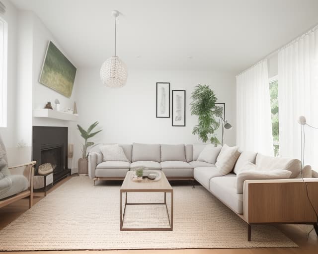  Living Room, Cozy, comfortable, family time, relaxation, entertainment, decor, furniture, lighting The room depicted in the image exhibits a minimalist and contemporary living room theme, emphasizing clean lines and neutral tones. Contemporary minimalist living room with a white sectional sofa, wooden accent chairs, geometric rug, and large leaf artwork. minimalist, contemporary, living room, white sectional sofa, wooden accent chairs, geometric rug, large leaf artwork earhty colors