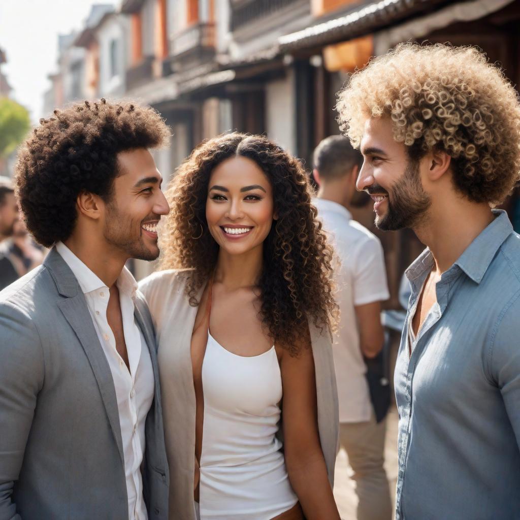  A photograph of four mixed-race people chatting together. The first person is a Chinese mixed-race woman. The second person is a Middle Eastern white man with curly hair. The third person is a Japanese mixed-Latino woman with curly white hair. The fourth person is a mixed-race African European man with wavy blond hair tied back. They are standing together in a casual setting, smiling and enjoying their conversation. hyperrealistic, full body, detailed clothing, highly detailed, cinematic lighting, stunningly beautiful, intricate, sharp focus, f/1. 8, 85mm, (centered image composition), (professionally color graded), ((bright soft diffused light)), volumetric fog, trending on instagram, trending on tumblr, HDR 4K, 8K