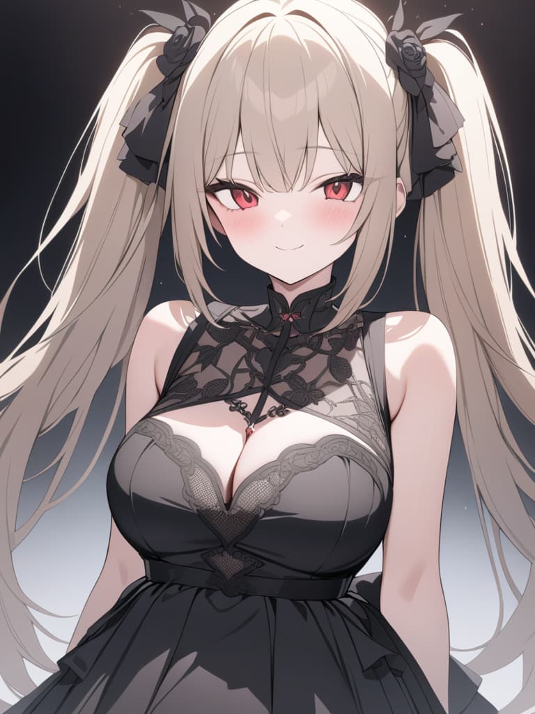  Hair colored beige, black gothic fashion, twin tails, long hair, rose motifs, smiles, eyes red, masterpiece, best quality,8k,ultra detailed,high resolution,an extremely delicate and beautiful,hyper detail