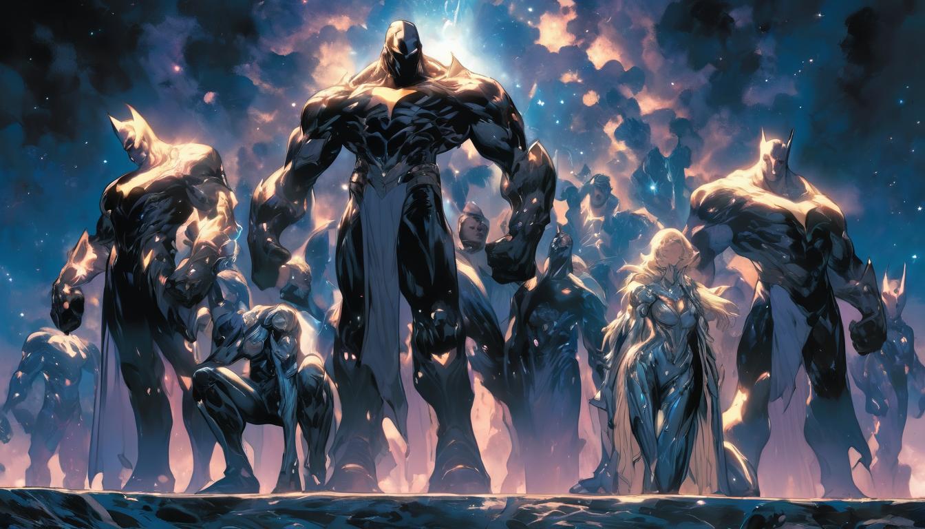  hyperrealism,fantasy aestheticprimitive humanoids, large busted blonde females and brunette males, kneeling before ethereal deities, starry sky above, ancestral atmosphere, high tech clothing clad in sleek, futuristic costume with metallic accents and form fitting designs, marvel superhero comics style, unreal engine rendering