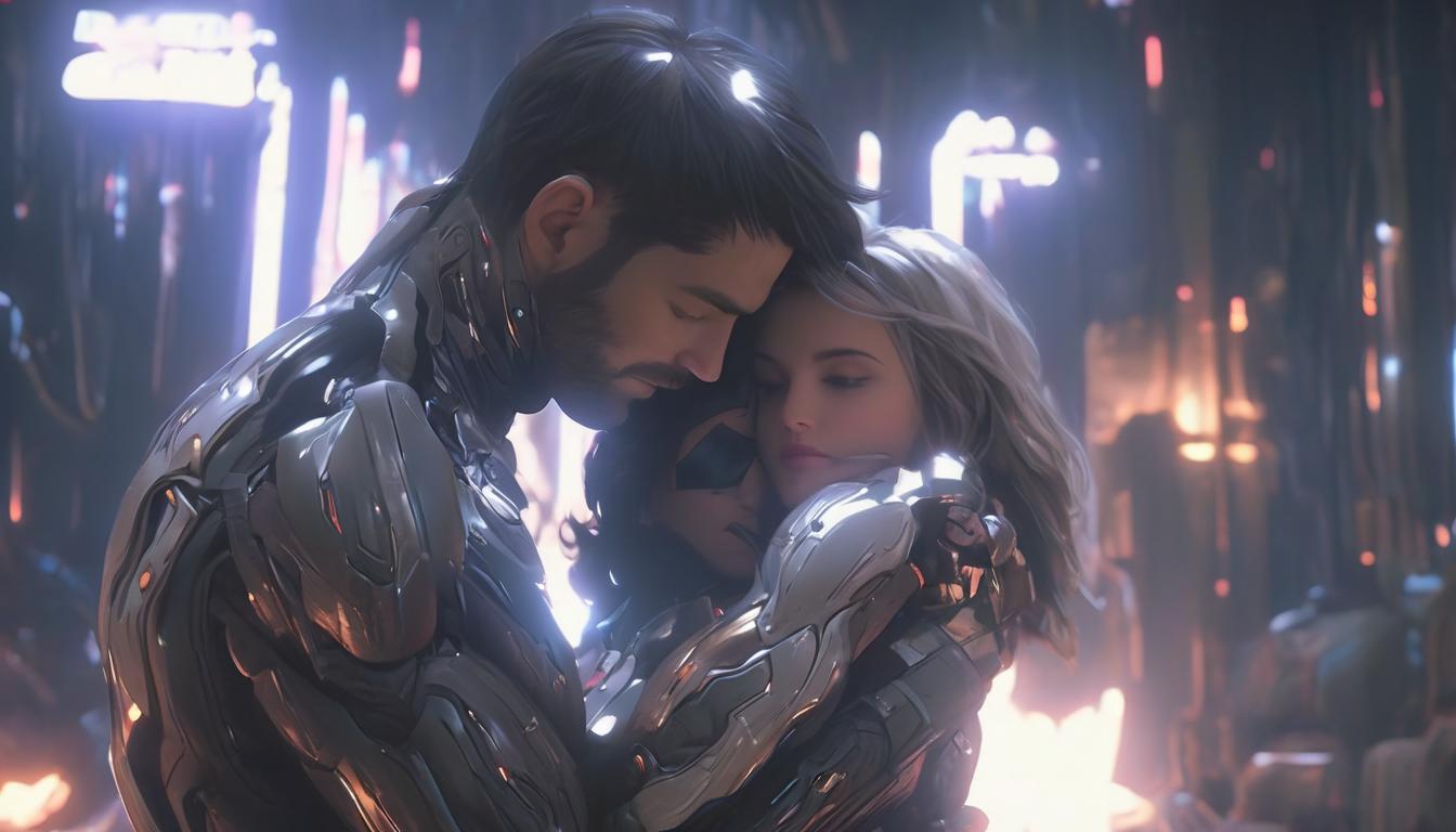  hyperrealism,fantasy aesthetic1woman, large busted attractive brunette arian female humanoid, comforting a friend, serene background, tender moment, high tech clothing clad in sleek, futuristic costume with metallic accents and form fitting designs, marvel superhero comics style, unreal engine rendering