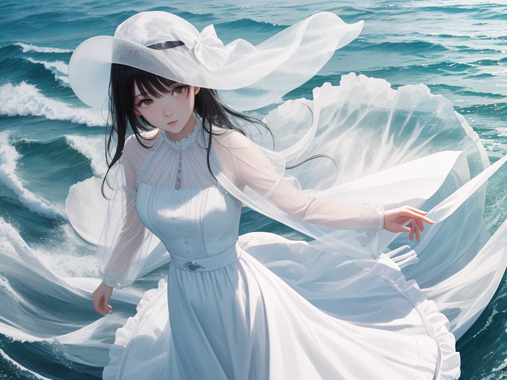  Seaside, girl, white dress, black hair, 1 person, masterpiece, best quality,8k,ultra detailed,high resolution,an extremely delicate and beautiful,hyper detail