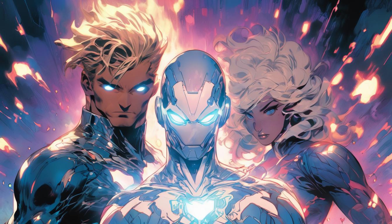  hyperrealism,fantasy aesthetic1man1woman, large busted attractive blonde arian female humanoid and handsome male humanoid, supported by galactic federation of light, radiant, encouraging, high tech clothing clad in sleek, futuristic costume with metallic accents and form fitting designs, marvel superhero comics style, unreal engine rendering