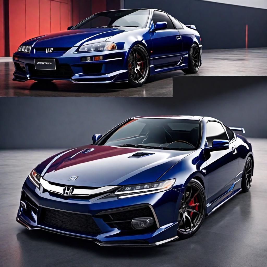  A reimagined Honda Prelude, modern and sleek design with futuristic aesthetics, in navy blue color. The car should have smooth, aerodynamic lines, advanced LED headlights, and a bold, aggressive front grille. The body should be sporty and low to the ground, with large alloy wheels, a glossy navy blue finish, and a hint of carbon fiber detailing. The overall look should be a blend of modern high-performance sports car and the classic Honda Prelude design elements. hyperrealistic, full body, detailed clothing, highly detailed, cinematic lighting, stunningly beautiful, intricate, sharp focus, f/1. 8, 85mm, (centered image composition), (professionally color graded), ((bright soft diffused light)), volumetric fog, trending on instagram, trending on tumblr, HDR 4K, 8K