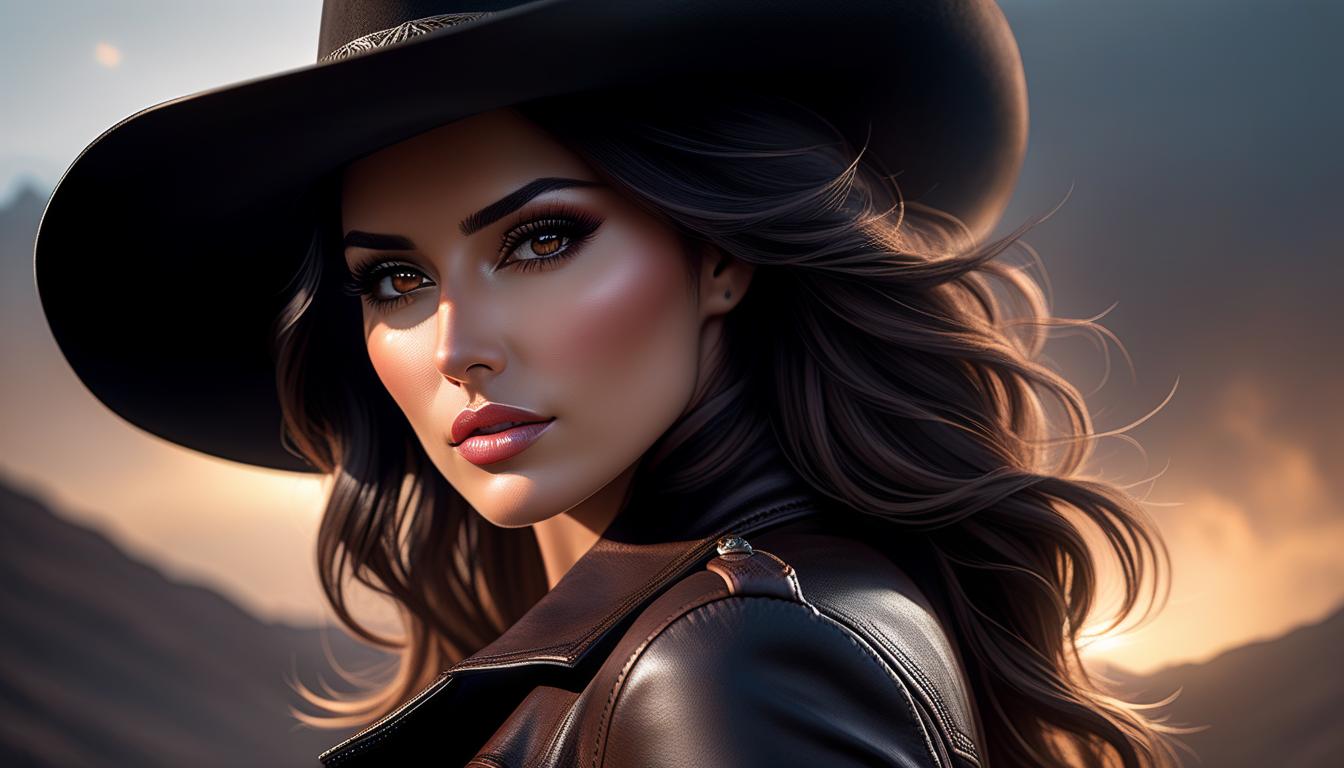  hyperrealistic art . . Close up frontal, facial shot of a mysterious, rugged, daring looking woman with dark hair, lifting one hand to tip the brim of he fashioned dark leather cowboy hat with the tips of her fingers, medium bare s, erect s,only her head can be seen and the background is dark, matte and bokeh, and undiscernable. And her head is right in front of the view, blocking everything else but it is all black nothingness. Her dark brown eyes glint like fire and hold a challenging and daring glare. The brim of her cowboy hat and her hand are covering her left eye, her skin is tan and very smooth, her hair dark brown and wavy and falling across her cheek on the right side of her face. . extremely hyperrealistic, full body, detailed clothing, highly detailed, cinematic lighting, stunningly beautiful, intricate, sharp focus, f/1. 8, 85mm, (centered image composition), (professionally color graded), ((bright soft diffused light)), volumetric fog, trending on instagram, trending on tumblr, HDR 4K, 8K