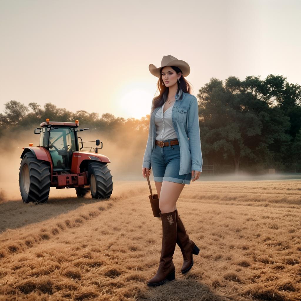  Chubby USA girl in wearing Cowboy clothes portrait at farm, bulls in Background, Tractor in background, Clean face details hyperrealistic, full body, detailed clothing, highly detailed, cinematic lighting, stunningly beautiful, intricate, sharp focus, f/1. 8, 85mm, (centered image composition), (professionally color graded), ((bright soft diffused light)), volumetric fog, trending on instagram, trending on tumblr, HDR 4K, 8K