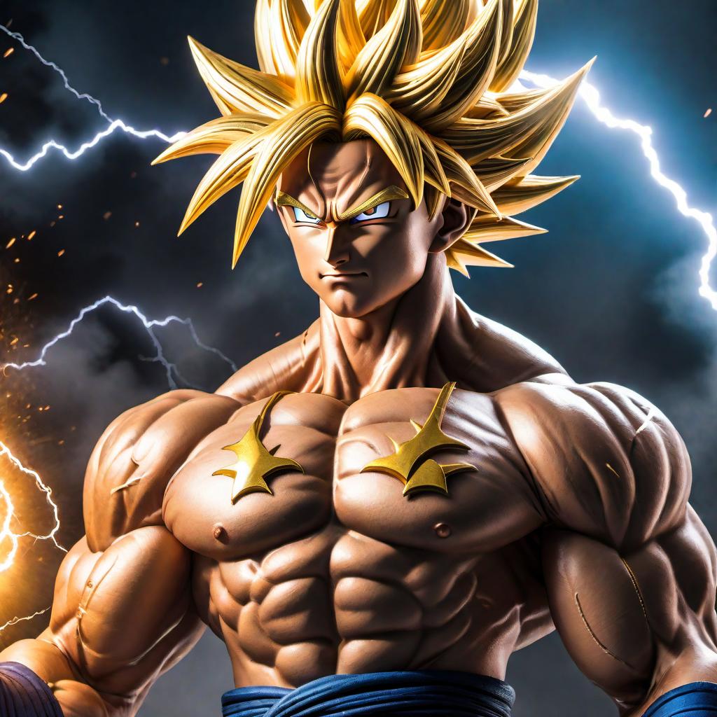  A detailed image of Goku as a Super Saiyan 10 from Dragon Ball Z. He should be in a powerful and dynamic pose, with long, flowing golden hair and intense, glowing eyes. His muscles should be highly defined, showcasing his strength. The background should be a dramatic, energy-charged battlefield with lightning and energy waves adding to the intensity. hyperrealistic, full body, detailed clothing, highly detailed, cinematic lighting, stunningly beautiful, intricate, sharp focus, f/1. 8, 85mm, (centered image composition), (professionally color graded), ((bright soft diffused light)), volumetric fog, trending on instagram, trending on tumblr, HDR 4K, 8K