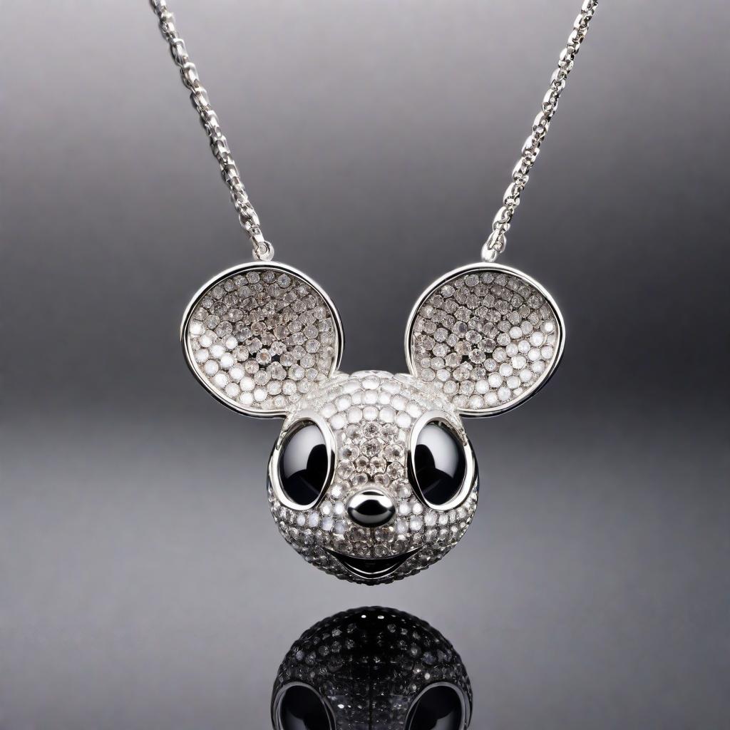  A diamond-encrusted Deadmau5 pendant with a sleek and modern design. The pendant features the iconic Deadmau5 mouse head logo covered in sparkling diamonds, with intricate detailing and a polished finish. The diamonds should shimmer and reflect light, emphasizing the luxury and elegance of the piece. hyperrealistic, full body, detailed clothing, highly detailed, cinematic lighting, stunningly beautiful, intricate, sharp focus, f/1. 8, 85mm, (centered image composition), (professionally color graded), ((bright soft diffused light)), volumetric fog, trending on instagram, trending on tumblr, HDR 4K, 8K