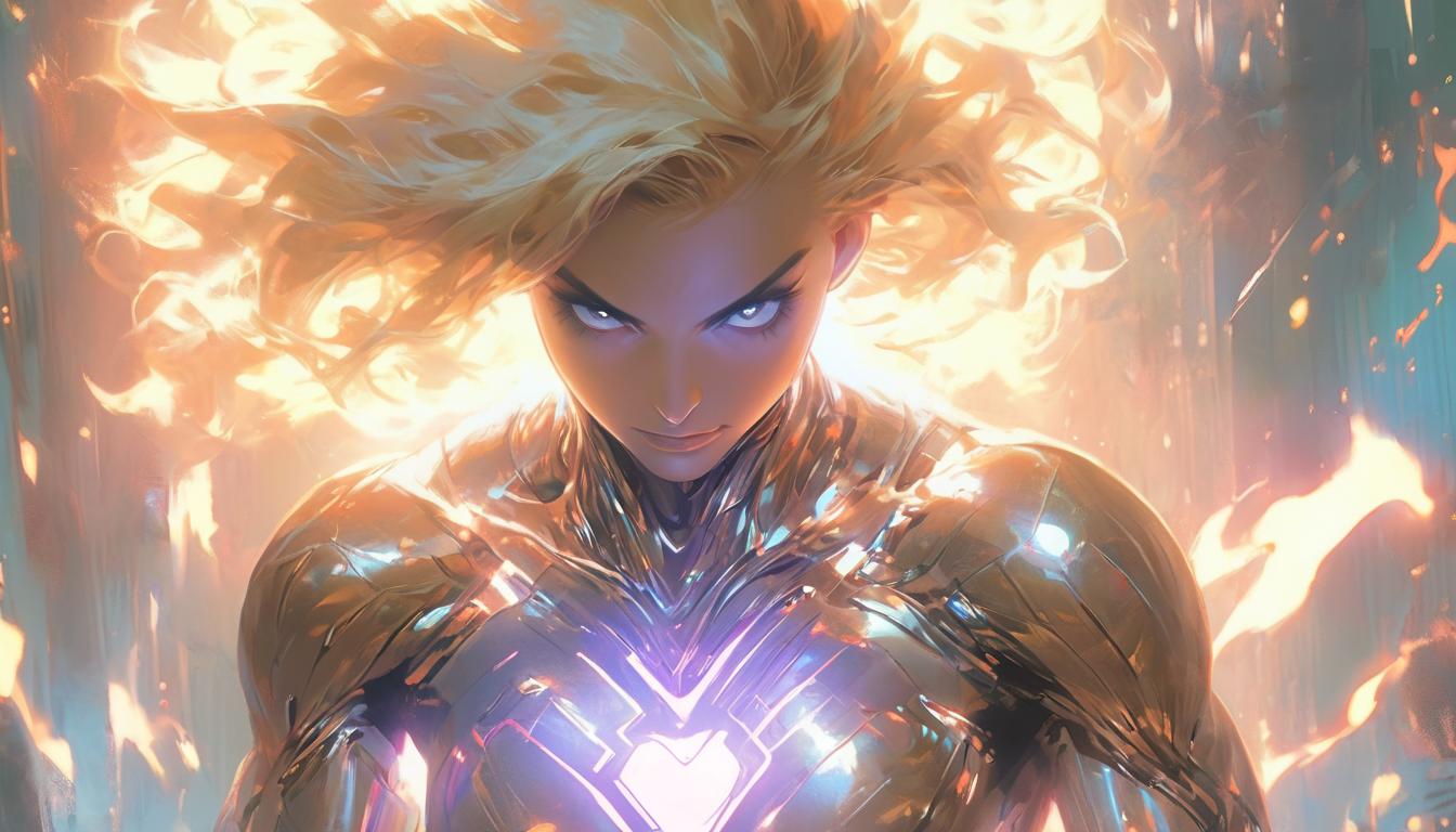  hyperrealism,fantasy aesthetic1woman, large busted attractive blonde arian female humanoid, meditative pose, open heart chakra, mind open to receiving cosmic downloads, ethereal light surrounding her, high tech clothing clad in sleek, futuristic costume with metallic accents and form fitting designs, marvel superhero comics style, unreal engine rendering