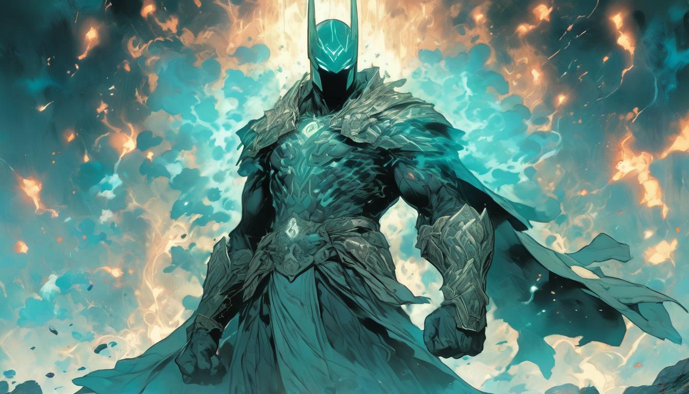  hyperrealism,fantasy aestheticTransformation scene, hero's armor changing into robes of a sage, staff adorned with ancient runes in hand, aura radiating wisdom, background blending fading battlefield and serene cosmos, metamorphosis, ascension, high tech clothing clad in sleek, futuristic costume with metallic accents and form fitting designs, marvel superhero comics style, unreal engine rendering