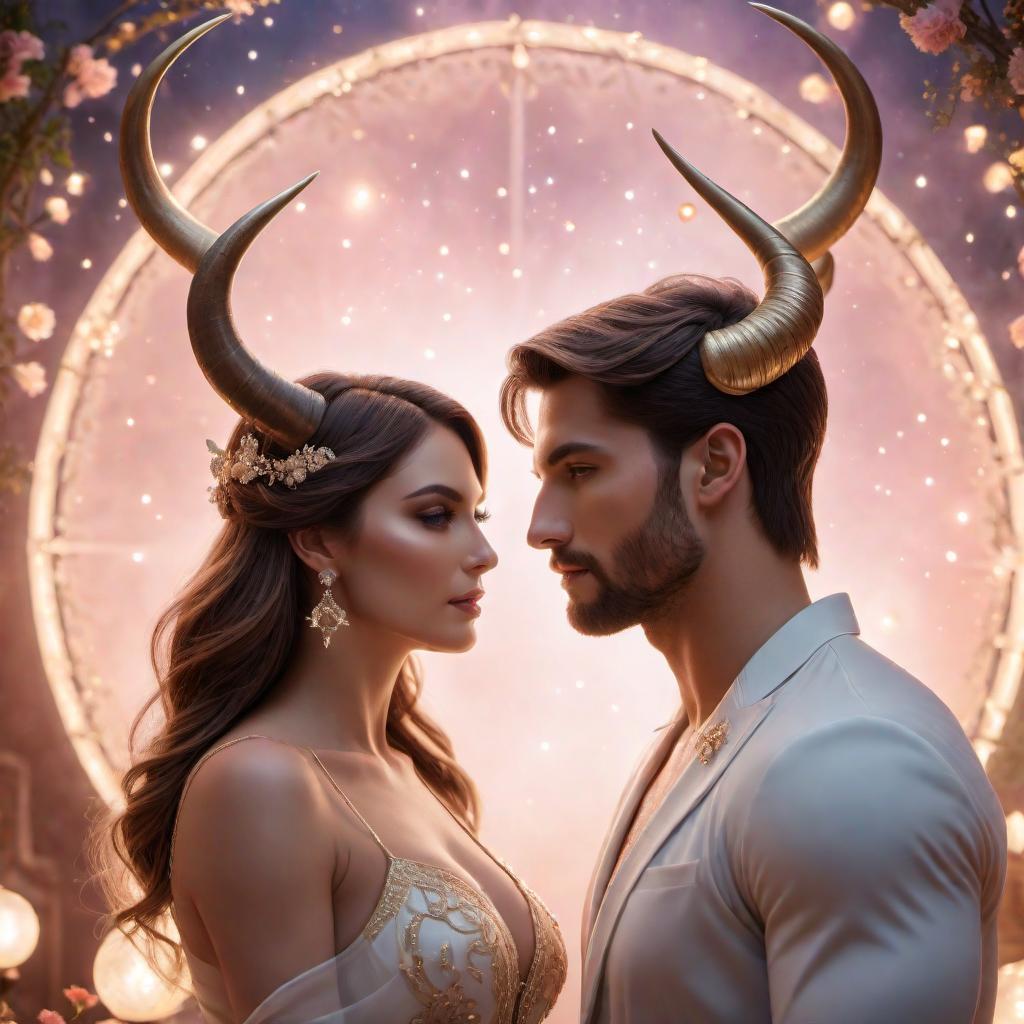  Gemini female and Taurus male as a romantic couple in a fantasy lofi style. The scene features a dreamy, mystical atmosphere with soft, glowing lights and ethereal colors. The Gemini female has a curious and playful expression with distinctive bull horns, while the Taurus male appears strong and nurturing. They are surrounded by zodiac symbols, stars, and a serene background, reflecting their romantic connection. hyperrealistic, full body, detailed clothing, highly detailed, cinematic lighting, stunningly beautiful, intricate, sharp focus, f/1. 8, 85mm, (centered image composition), (professionally color graded), ((bright soft diffused light)), volumetric fog, trending on instagram, trending on tumblr, HDR 4K, 8K