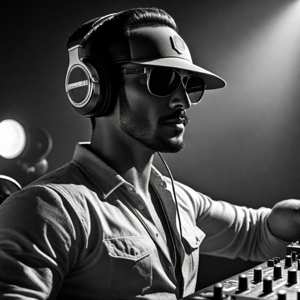  A Mexican DJ who is famous worldwide performing in black and white. The image should capture the energy and passion of the DJ while incorporating elements that represent Mexico. hyperrealistic, full body, detailed clothing, highly detailed, cinematic lighting, stunningly beautiful, intricate, sharp focus, f/1. 8, 85mm, (centered image composition), (professionally color graded), ((bright soft diffused light)), volumetric fog, trending on instagram, trending on tumblr, HDR 4K, 8K