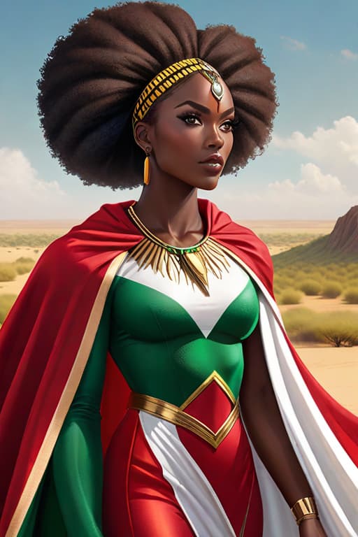  Pretty African aged 15, very beautiful with black superhero costume, long cape in the colors of the flag of Kenya red green black white, Afro hair, herd of zes and savannah in the background, determined look, very beautiful, brown eyes, almond shaped eyes, small s, beautiful smile hyperrealistic, full body, detailed clothing, highly detailed, cinematic lighting, stunningly beautiful, intricate, sharp focus, f/1. 8, 85mm, (centered image composition), (professionally color graded), ((bright soft diffused light)), volumetric fog, trending on instagram, trending on tumblr, HDR 4K, 8K