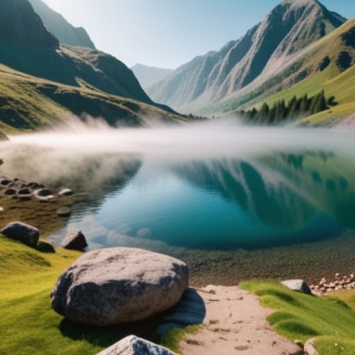  beautiful lake, on top of a mountain hyperrealistic, full body, detailed clothing, highly detailed, cinematic lighting, stunningly beautiful, intricate, sharp focus, f/1. 8, 85mm, (centered image composition), (professionally color graded), ((bright soft diffused light)), volumetric fog, trending on instagram, trending on tumblr, HDR 4K, 8K