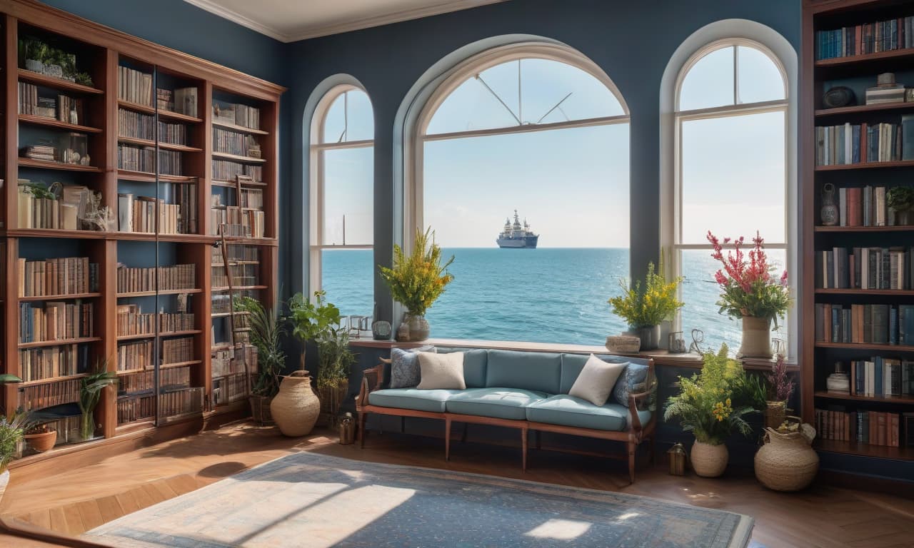  nautical themed A large window in a modern room filled with bookshelves. There is a laptop and a bouquet of flowers in a vase on the desktop. Through the window you can see the sea. Summer day. . sea, ocean, ships, maritime, beach, marine life, highly detailed hyperrealistic, full body, detailed clothing, highly detailed, cinematic lighting, stunningly beautiful, intricate, sharp focus, f/1. 8, 85mm, (centered image composition), (professionally color graded), ((bright soft diffused light)), volumetric fog, trending on instagram, trending on tumblr, HDR 4K, 8K