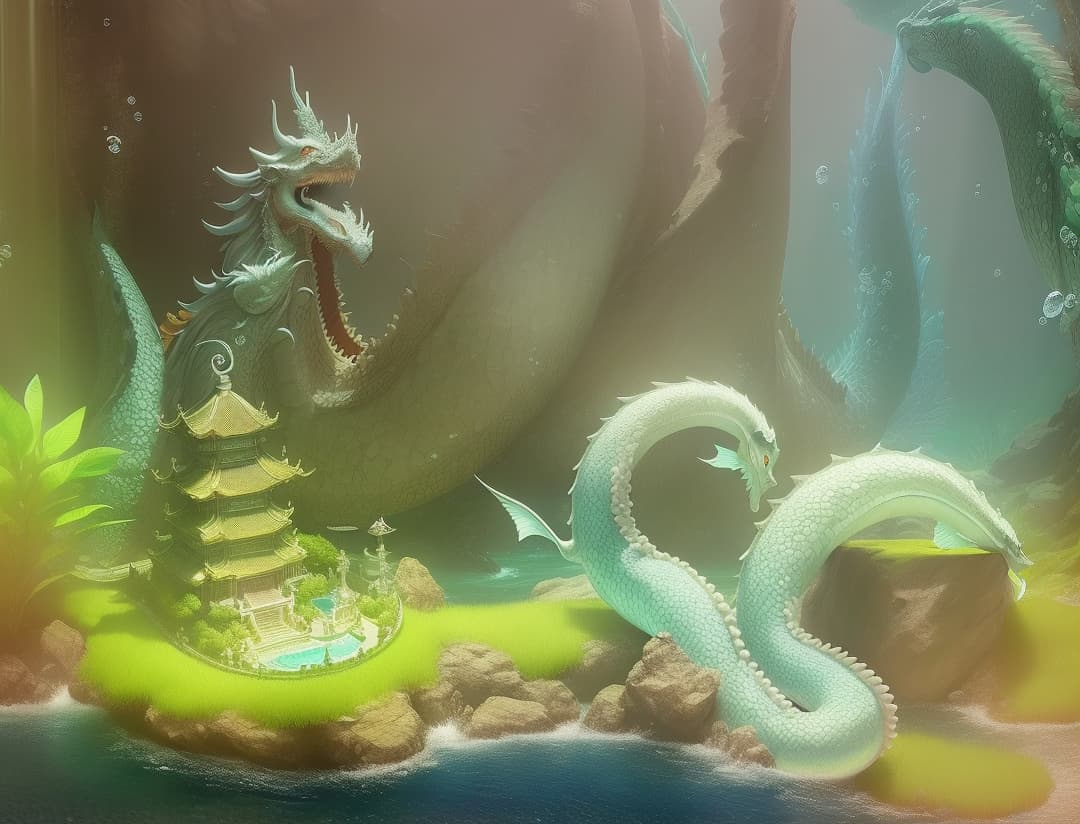  A Chinese underwater holy temple, two giant dragons, and mermaids swimming , hyperrealistic, high quality, highly detailed, perfect lighting, intricate, sharp focus, f/1. 8, 85mm, (centered image composition), (professionally color graded), ((bright soft diffused light)), trending on instagram, HDR 4K, 8K