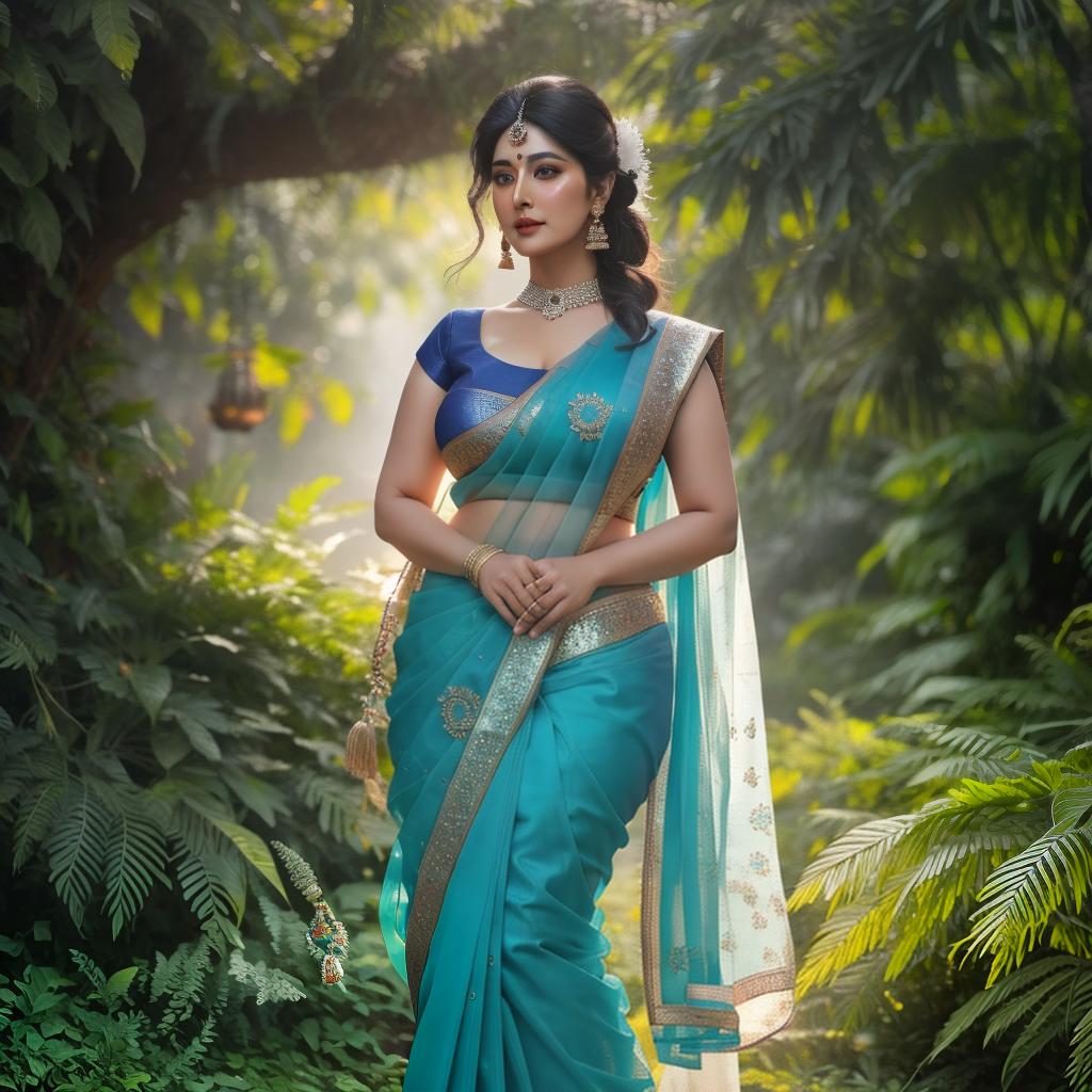  a Chubby indian women in blue saree, at greenery park, clean face details, portrait, hyperrealistic, full body, detailed clothing, highly detailed, cinematic lighting, stunningly beautiful, intricate, sharp focus, f/1. 8, 85mm, (centered image composition), (professionally color graded), ((bright soft diffused light)), volumetric fog, trending on instagram, trending on tumblr, HDR 4K, 8K