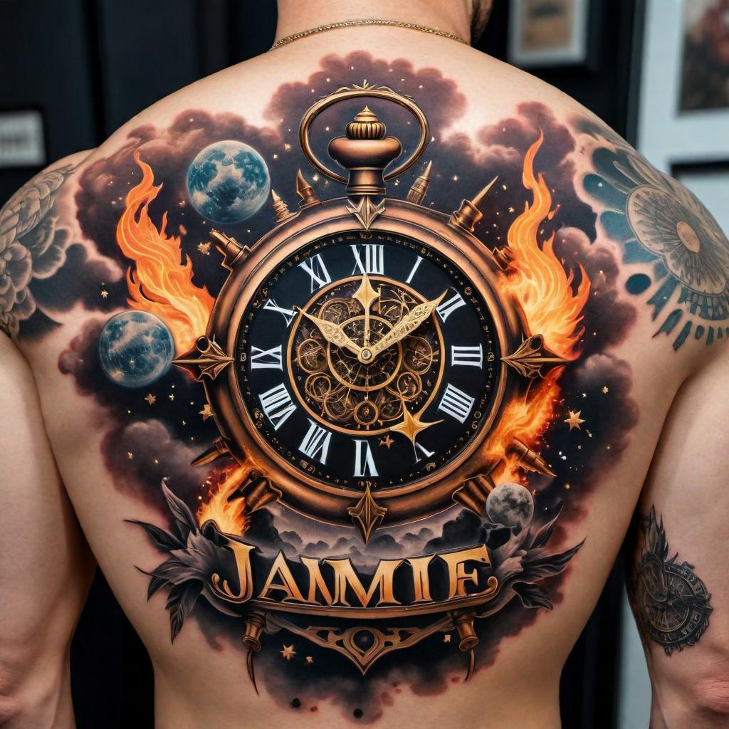  A tattoo design featuring the name 'Jaime' surrounded by stars, an exploding clock, calendar years, and burning money. hyperrealistic, full body, detailed clothing, highly detailed, cinematic lighting, stunningly beautiful, intricate, sharp focus, f/1. 8, 85mm, (centered image composition), (professionally color graded), ((bright soft diffused light)), volumetric fog, trending on instagram, trending on tumblr, HDR 4K, 8K