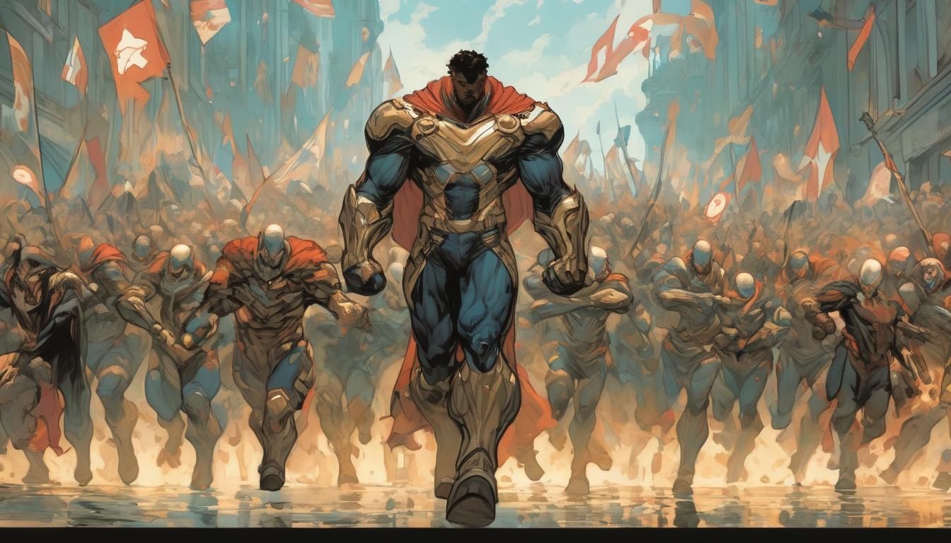  hyperrealism,fantasy aestheticA figure leading a march, banner of hope held high, faces reflecting hope and change, energetic atmosphere, sense of commitment and progress, hopeful, dynamic, high tech clothing clad in sleek, futuristic costume with metallic accents and form fitting designs, marvel superhero comics style, unreal engine rendering