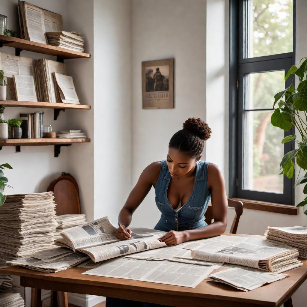  A young African American woman sitting at home cutting out newspaper articles and pasting them into a book. The scene is cozy and homely with natural light streaming in through a window. The woman is focused, surrounded by scraps of paper and a few pens. She is wearing casual, comfortable clothing like a t-shirt and jeans. hyperrealistic, full body, detailed clothing, highly detailed, cinematic lighting, stunningly beautiful, intricate, sharp focus, f/1. 8, 85mm, (centered image composition), (professionally color graded), ((bright soft diffused light)), volumetric fog, trending on instagram, trending on tumblr, HDR 4K, 8K