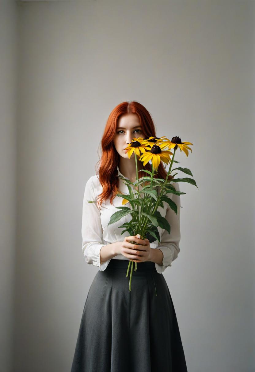  A girl with red hair against a white wall, holding yellow black eyed susans Rudbeckia hirta in her hands, photo., FILM PHOTOGRAPHY STYLE hyperrealistic, full body, detailed clothing, highly detailed, cinematic lighting, stunningly beautiful, intricate, sharp focus, f/1. 8, 85mm, (centered image composition), (professionally color graded), ((bright soft diffused light)), volumetric fog, trending on instagram, trending on tumblr, HDR 4K, 8K