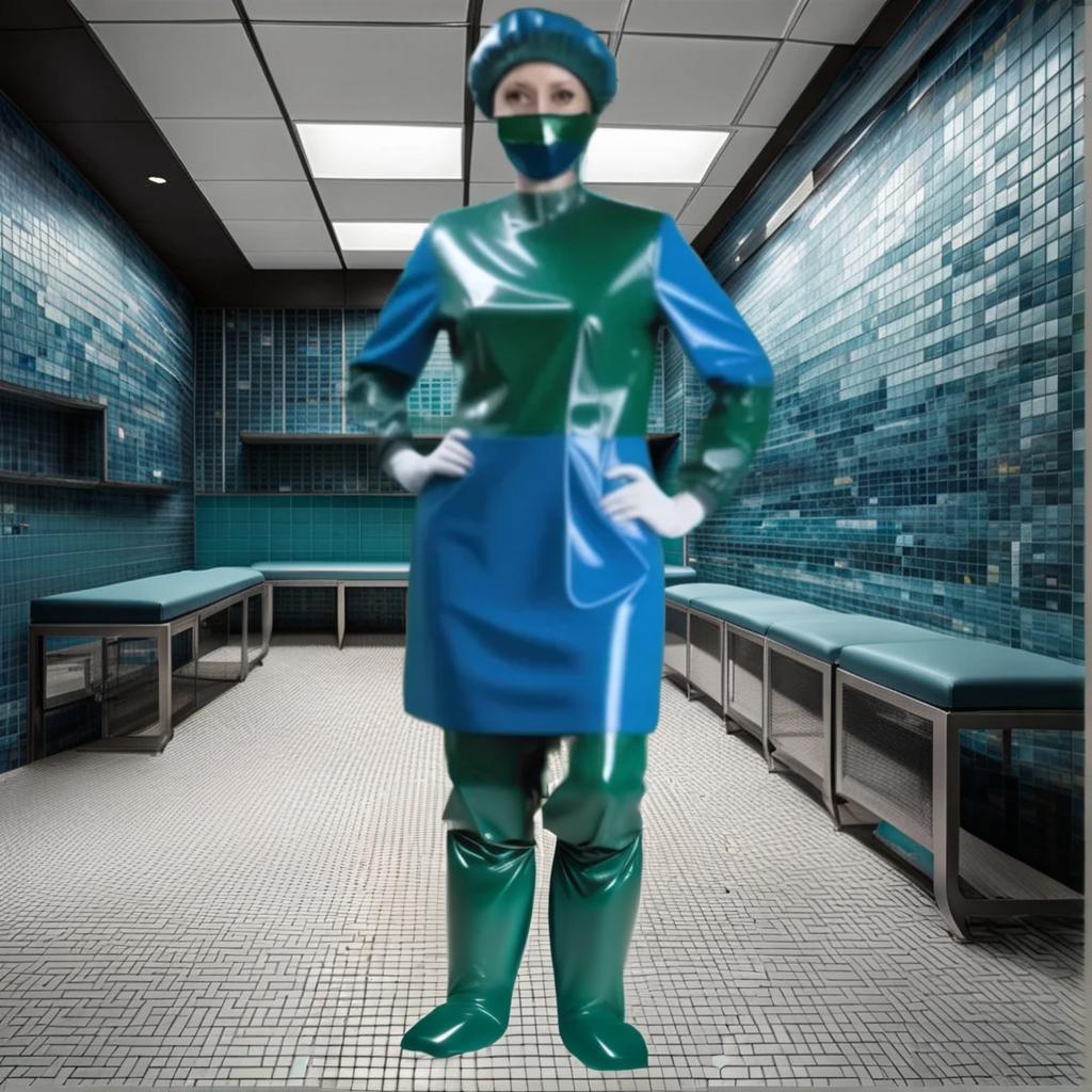  legs together, operating room shoes, identical high surgical shoe covers, knee high, with elastic cuffs up shoe covers, (the lower half from sole to ankle, from glossy latex dark green:1.3), (the upper half from ankle to knee, from glossy latex dark blue:1.5), (flat soled, without heels:1.2), front view, full face, full length hyperrealistic, full body, detailed clothing, highly detailed, cinematic lighting, stunningly beautiful, intricate, sharp focus, f/1. 8, 85mm, (centered image composition), (professionally color graded), ((bright soft diffused light)), volumetric fog, trending on instagram, trending on tumblr, HDR 4K, 8K