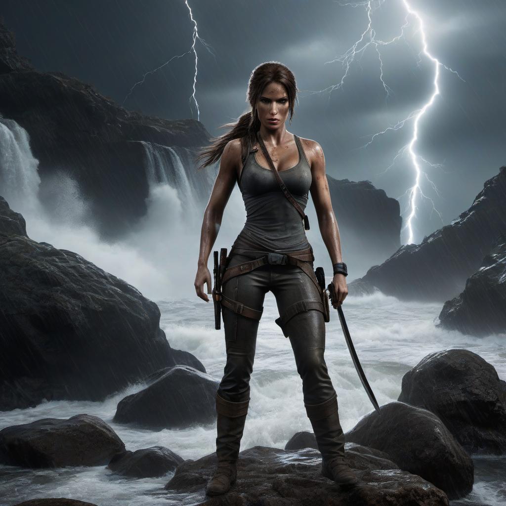  macabre style Tomb Raider 2013, storm, lightning, wind, sea, rocks, survival . dark, gothic, grim, haunting, highly detailed hyperrealistic, full body, detailed clothing, highly detailed, cinematic lighting, stunningly beautiful, intricate, sharp focus, f/1. 8, 85mm, (centered image composition), (professionally color graded), ((bright soft diffused light)), volumetric fog, trending on instagram, trending on tumblr, HDR 4K, 8K