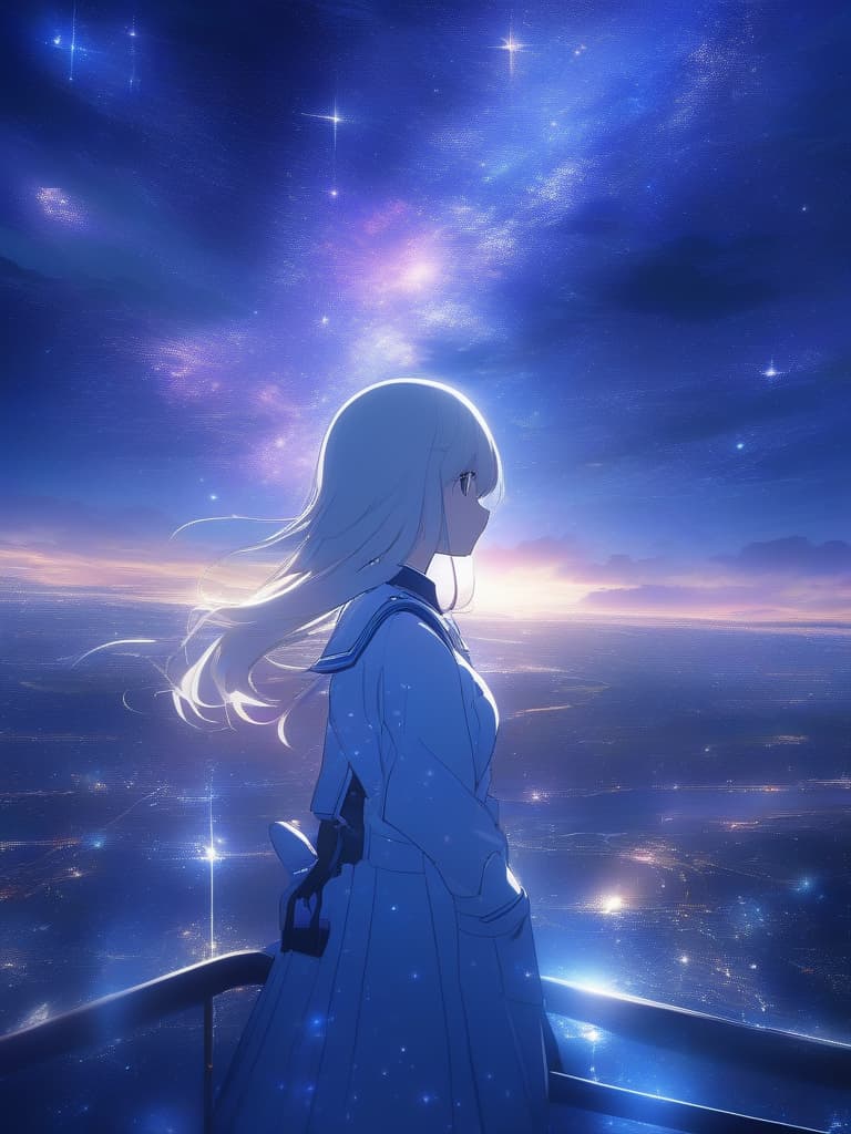  ((background,space background,starry sky,galaxy,beautiful,many stars)),beautiful ,long hair,white hair,((looking back,composition seen from behind)),fantastical,beautiful,(station attendant,,ta,stylish,station attendant uniform,Galaxy Express,),contrast,beautiful,fantastic starry sky、ultra detailed,best shadow,cute and beautiful face,(masterpiece:1.2),(best quality:1.2),detailed background,high contrast,(best illumination,an extremely delicate and beautiful),((cinematic light)),hyper detail,dramatic light,intricate details,8k,anime,very aesthetic、ダイナミックな背景、, masterpiece, best quality,8k,ultra detailed,high resolution,an extremely delicate and beautiful,hyper detail