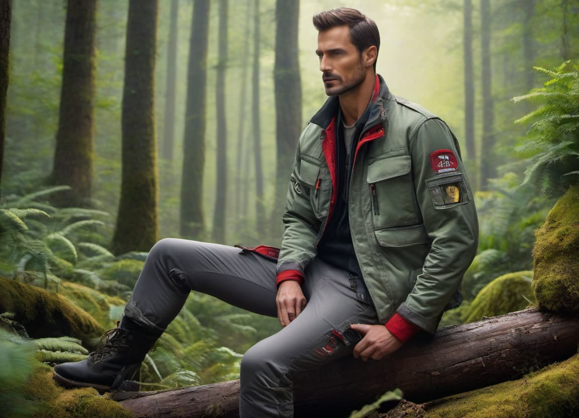  hyperrealistic art A man with a cartoon figure is sitting on a log wearing a gray work jacket with red pockets and gray pants with pockets. He's wearing black work boots. Next to him, on the log, is a beautiful green snake trying to bite his boot. The background is a pretty bright forest. . extremely high resolution details, photographic, realism pushed to extreme, fine texture, incredibly lifelike hyperrealistic, full body, detailed clothing, highly detailed, cinematic lighting, stunningly beautiful, intricate, sharp focus, f/1. 8, 85mm, (centered image composition), (professionally color graded), ((bright soft diffused light)), volumetric fog, trending on instagram, trending on tumblr, HDR 4K, 8K