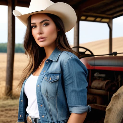  Chubby USA girl in wearing Cowboy clothes portrait at farm, bulls in Background, Tractor in background, Clean face details hyperrealistic, full body, detailed clothing, highly detailed, cinematic lighting, stunningly beautiful, intricate, sharp focus, f/1. 8, 85mm, (centered image composition), (professionally color graded), ((bright soft diffused light)), volumetric fog, trending on instagram, trending on tumblr, HDR 4K, 8K