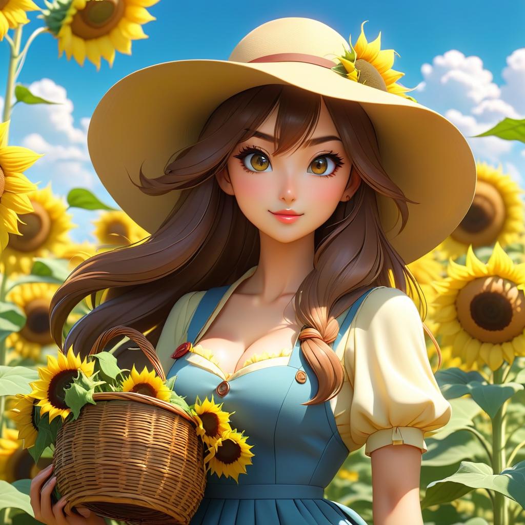  anime artwork anime style, full size, girl standing in a field of sunflowers, detailed face, long hair waving in the wind, hat, holding a basket of sunflowers, sundress, bright sunny day, fluffy clouds, bright colors, happy expression, sunflowers towering above her, detailed petals and leaves, soft shadows, colorful anime art, detailed background, cheerful atmosphere, nature . anime style, key visual, vibrant, studio anime, highly detailed hyperrealistic, full body, detailed clothing, highly detailed, cinematic lighting, stunningly beautiful, intricate, sharp focus, f/1. 8, 85mm, (centered image composition), (professionally color graded), ((bright soft diffused light)), volumetric fog, trending on instagram, trending on tumblr, HDR 4K, 8K