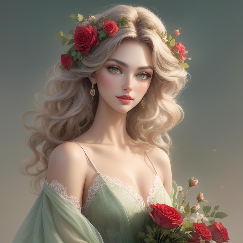  concept art A digital portrait of a woman with green eyes, wavy hair, and flowers adorning her hair and holding a bouquet of roses. Full body portrait of a young woman with a serene and gentle expression. She has soft facial features, large, almond shaped green eyes with dark lashes, and full, natural red lips. Her skin is fair with a warm undertone, and her face is framed by voluminous, wavy, ash blonde hair with lighter highlights, loosely styled, with a few delicate flowers on the right side above her ear. The subject is wearing a light, earth toned summer dress with delicate straps and a plunging neckline. The dress appears to be made of a flowing, sheer material with a subtle floral pattern, and features delicate lace detailing around  hyperrealistic, full body, detailed clothing, highly detailed, cinematic lighting, stunningly beautiful, intricate, sharp focus, f/1. 8, 85mm, (centered image composition), (professionally color graded), ((bright soft diffused light)), volumetric fog, trending on instagram, trending on tumblr, HDR 4K, 8K