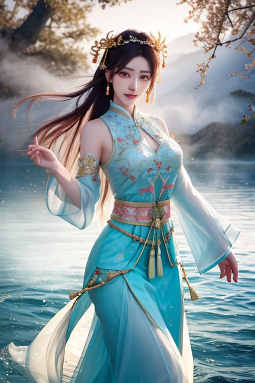  REALISTIC, MIRROS POLISH, a real oriental 20 yea (with precise facial features) wearing a simple Dunhuang Tianwai Feixian dance costume, dancing on the lake on the bank of the river (suspended on the water), with flowing clouds and mist, soft light, and majestic momentum hyperrealistic, full body, detailed clothing, highly detailed, cinematic lighting, stunningly beautiful, intricate, sharp focus, f/1. 8, 85mm, (centered image composition), (professionally color graded), ((bright soft diffused light)), volumetric fog, trending on instagram, trending on tumblr, HDR 4K, 8K