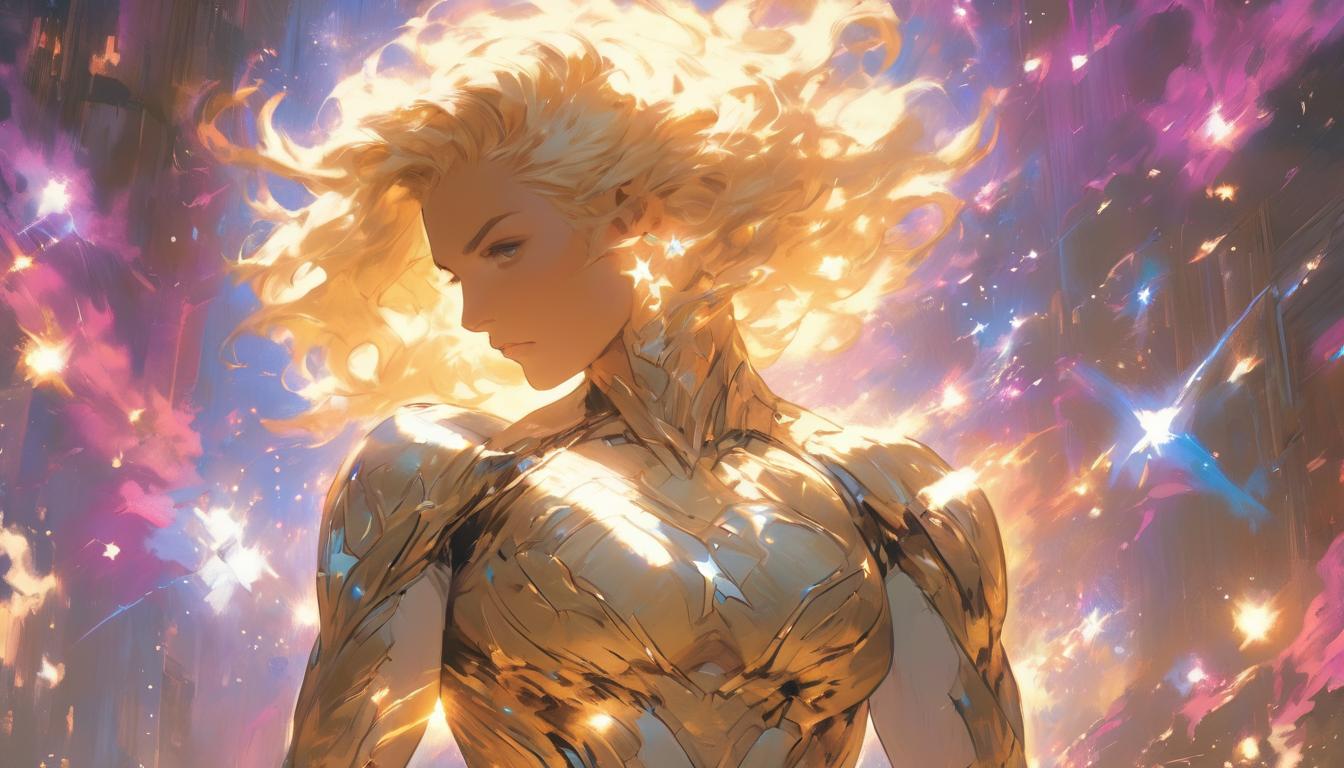  hyperrealism,fantasy aesthetic1woman, large busted attractive blonde arian female humanoid, holding a radiant star in hand, cosmos in the background, high tech clothing clad in sleek, futuristic costume with metallic accents and form fitting designs, marvel superhero comics style, unreal engine rendering