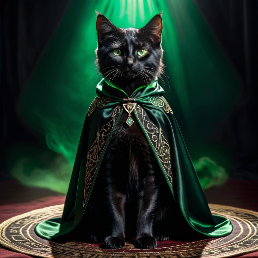  black kitten boy magician with green eyes in a black cape with runic embroidery hyperrealistic, full body, detailed clothing, highly detailed, cinematic lighting, stunningly beautiful, intricate, sharp focus, f/1. 8, 85mm, (centered image composition), (professionally color graded), ((bright soft diffused light)), volumetric fog, trending on instagram, trending on tumblr, HDR 4K, 8K