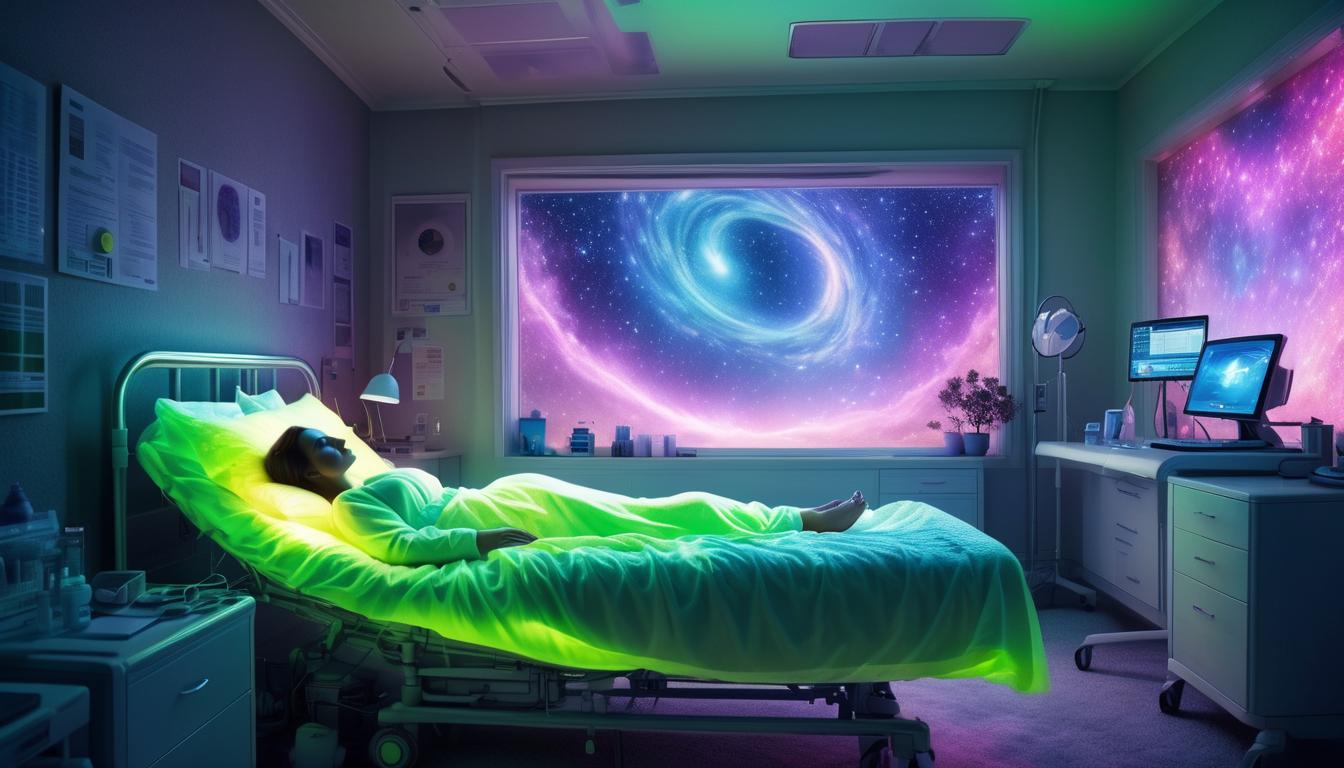  fluorescent dust, fluorescent spraypaint, fluorescent grain, fluorescent make up A hospital room with a figure lying on a bed surrounded by family. Ethereal beings with comforting expressions and soft, glowing forms hover above, depicting the reminder of life's fleeting nature.dust, cinematic film, best quality, high resolution, realistic, 8k, dynamic angle, serene, extremely detailed, absurdres particle effect, wonderful night dreamlike glowing masterpiece, celestial, detailed, realistic, image concept art, phenomenal mesmerise, maximalist,