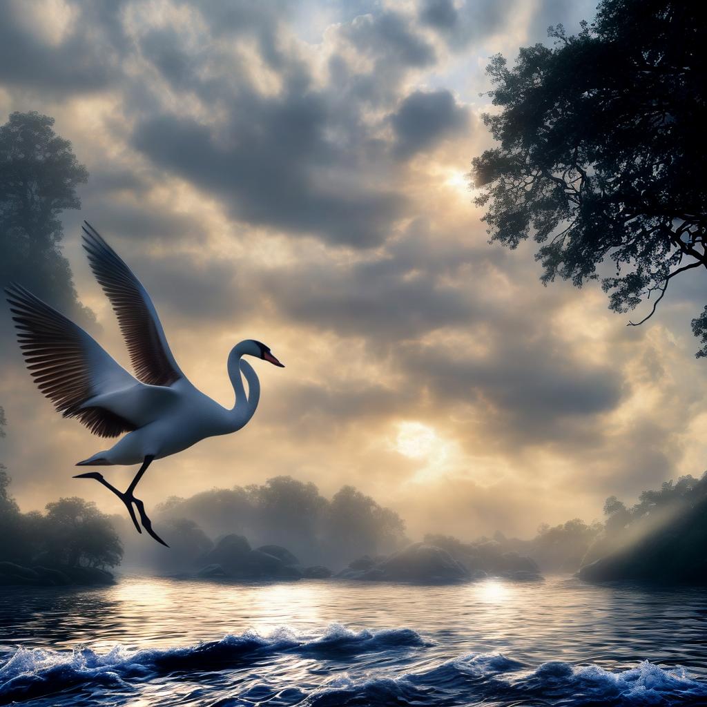  swan on water in a Normal mode and the art style is Normal, 8k resolution, a masterpiece, fantasy, highly detailed lifelike digital style. hyperrealistic, full body, detailed clothing, highly detailed, cinematic lighting, stunningly beautiful, intricate, sharp focus, f/1. 8, 85mm, (centered image composition), (professionally color graded), ((bright soft diffused light)), volumetric fog, trending on instagram, trending on tumblr, HDR 4K, 8K