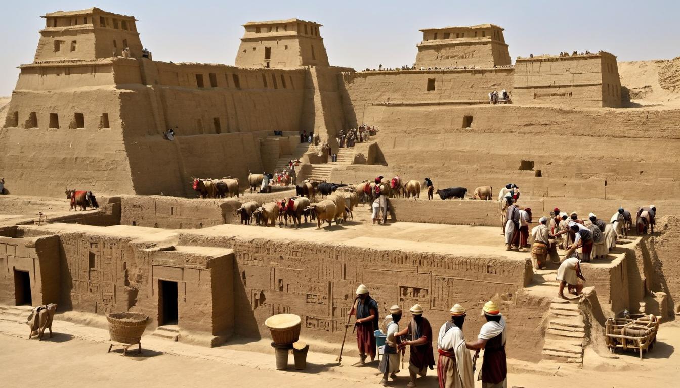  Ancient Babylonian construction workers, in linen garments, mix mud and straw to create bricks, building towering walls under the hot sun. Foremen consult clay tablets while oxen transport materials. The majestic ziggurat of Etemenanki rises in the background, amidst the sounds of chisels and Akkadian instructions.