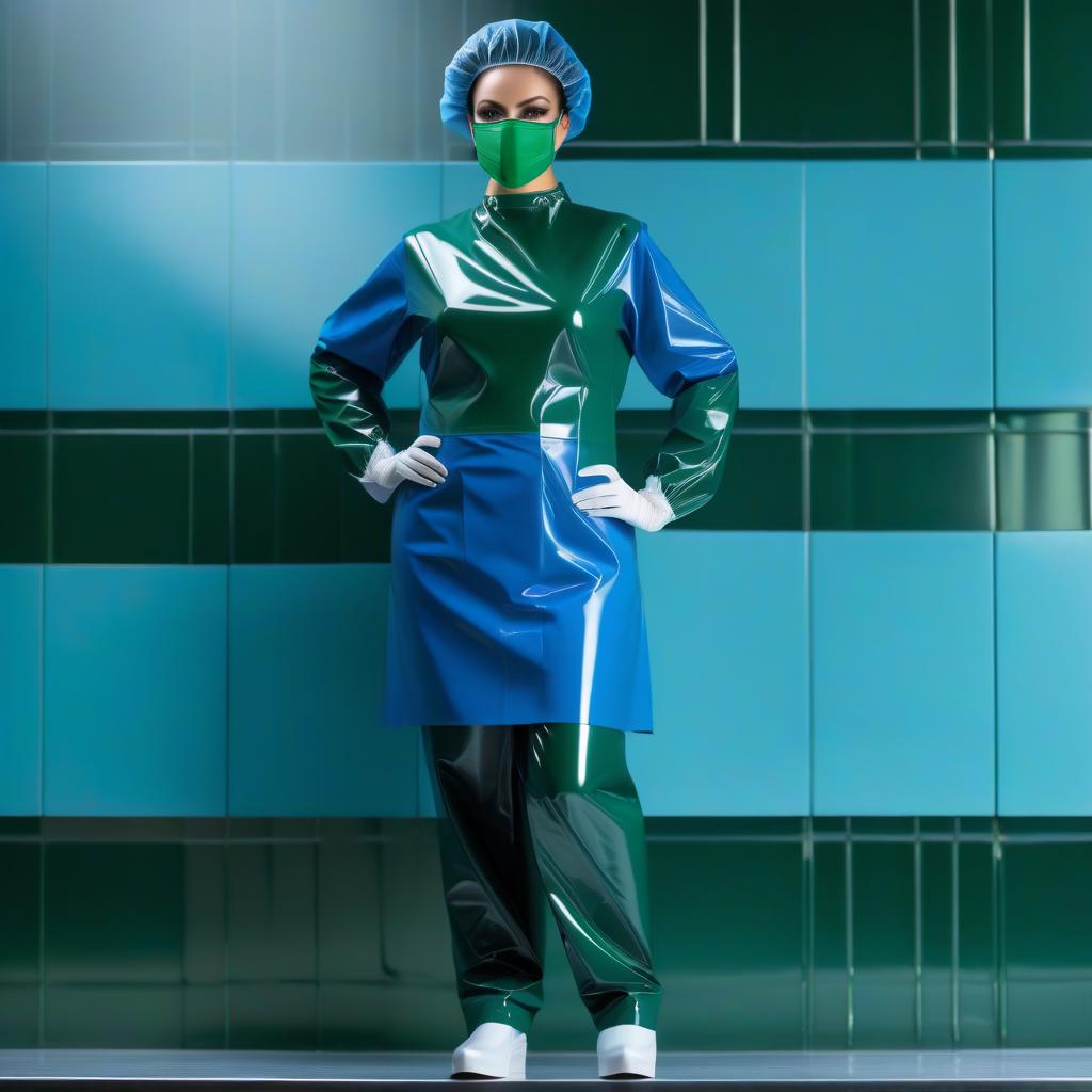  A surgical mask with bands as ties, made of glossy latex, divided horizontally in half, the upper half dark green, the lower half dark blue, the surgical mask tightly adheres to the face, covering the chin and nose, secured by ties on the nape and the forehead. hyperrealistic, full body, detailed clothing, highly detailed, cinematic lighting, stunningly beautiful, intricate, sharp focus, f/1. 8, 85mm, (centered image composition), (professionally color graded), ((bright soft diffused light)), volumetric fog, trending on instagram, trending on tumblr, HDR 4K, 8K