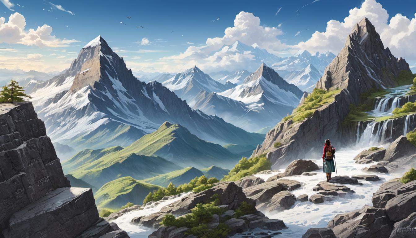  digital illustration, 1woman, standing on top of a mountain peak, overlooking a series of accomplishments engraved on stone plaques, mountain range detailed with intricate lines, vast horizon, self recognition, achievement, looking at viewer, dynamic pose, (intricate details, masterpiece, best quality)