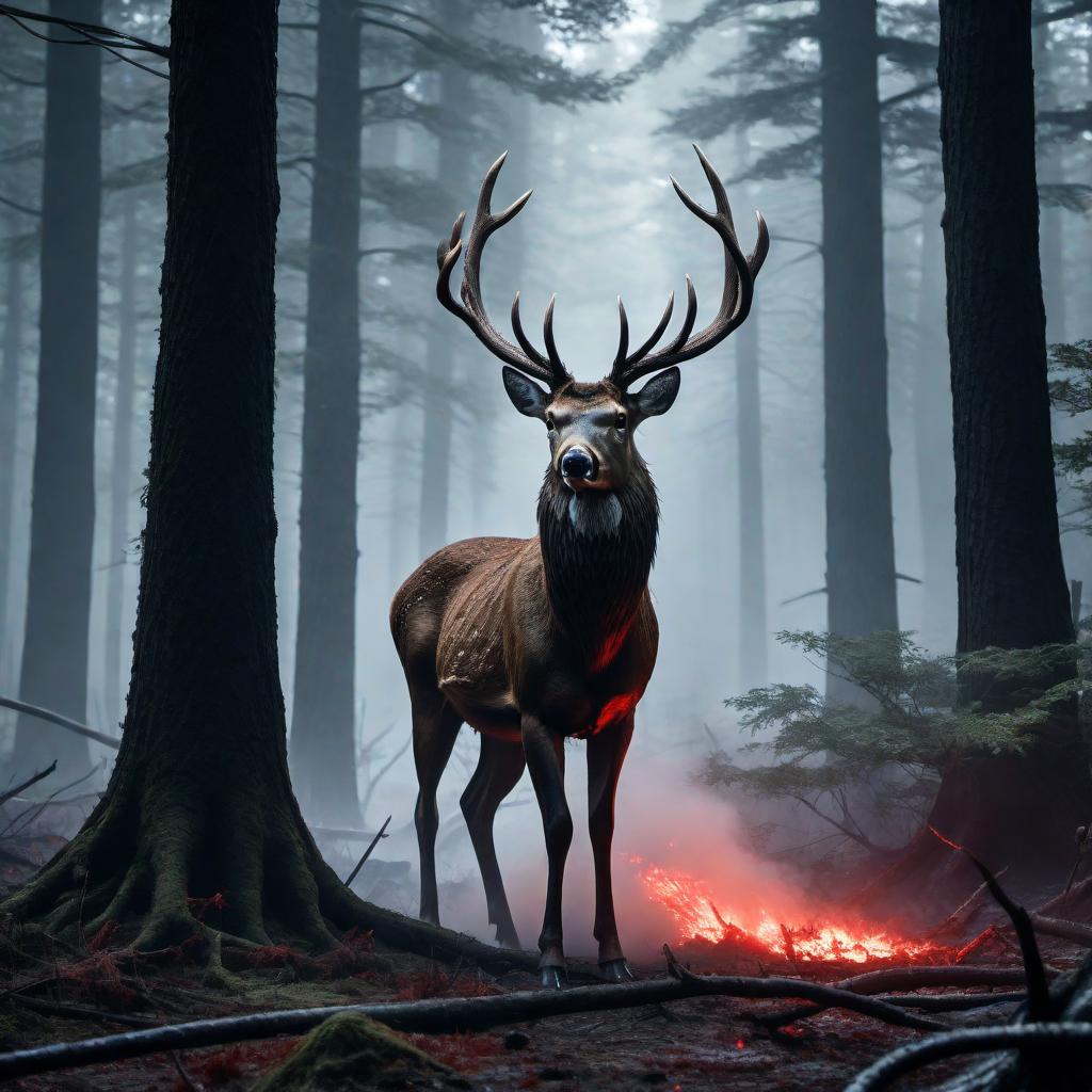  A realistic 3D scene depicting monstrous deer fighting people in a bloody conflict. The setting is a dense, dark forest with tall trees and fog. The monstrous deer have sharp antlers and fierce, glowing eyes, and are standing on their hind legs to fight the people, who are armed and trying to defend themselves. Blood is visible on the ground and on the combatants, adding to the intensity and horror of the scene. The overall atmosphere is dark, chaotic, and terrifying, capturing the desperation and violence of the battle. hyperrealistic, full body, detailed clothing, highly detailed, cinematic lighting, stunningly beautiful, intricate, sharp focus, f/1. 8, 85mm, (centered image composition), (professionally color graded), ((bright soft diffused light)), volumetric fog, trending on instagram, trending on tumblr, HDR 4K, 8K