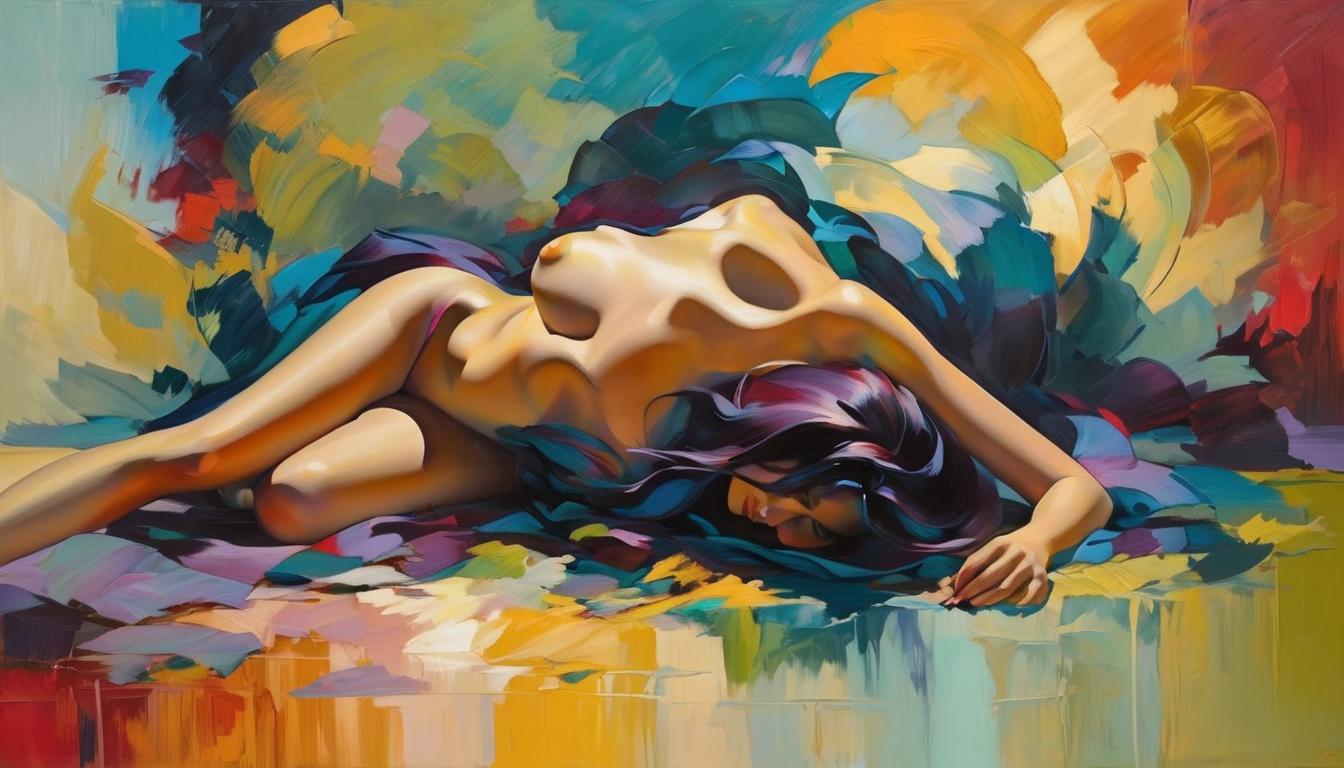  oil paintingan attractive woman with slumped shoulders, surrounded by ghostly silhouettes, appearing weighed down by invisible burdens(energetic brushwork, bold vibrant colors, expressive, emotional,bold brush, oil stroke, raw, emotional, dynamic, distortion for emotional effect, detailed,beautiful, loose brushwork, light and shadow play, captures feeling over form, balanced color