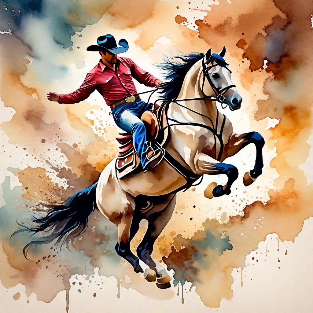  Create a watercolor painting of a man ridding a bucking horse at a rodeo. The background features soft, watercolor style splashes in earthy tones, giving the image an artistic and dreamy feel. Ensure the overall image has a delicate watercolor effect.